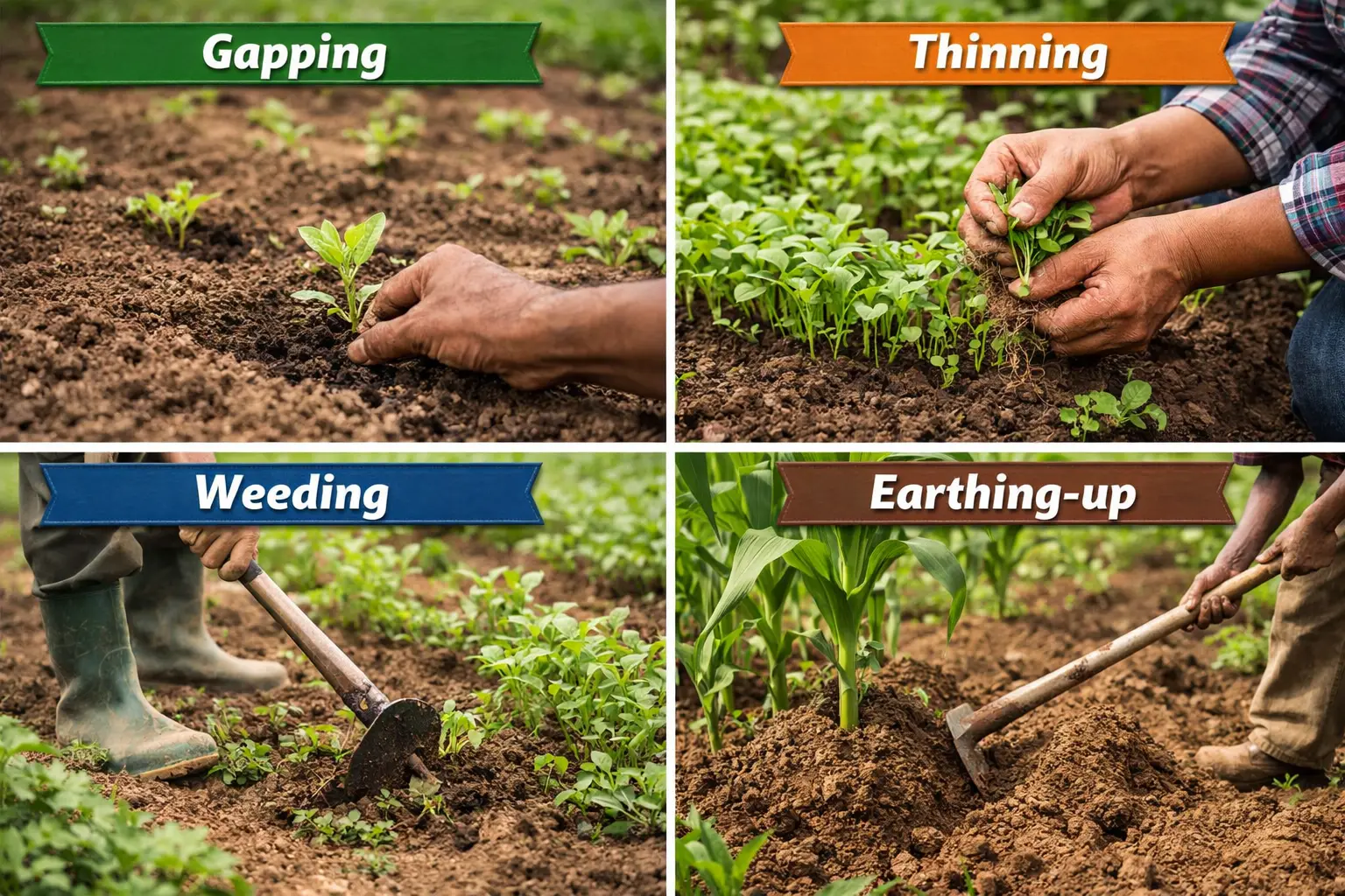 Crop management practices such as weeding, irrigation, and pest control in action