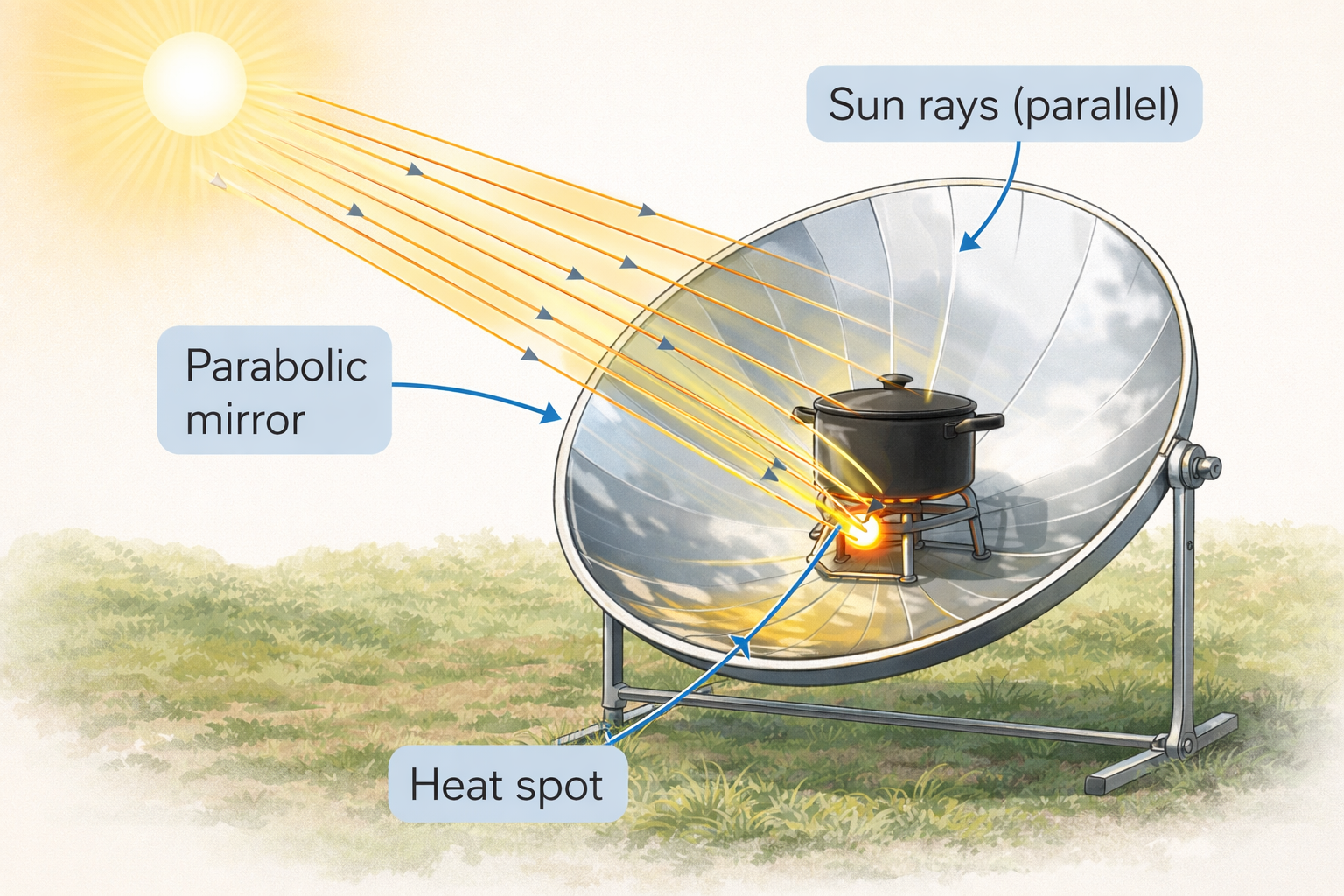 Solar cooker with parabolic mirror