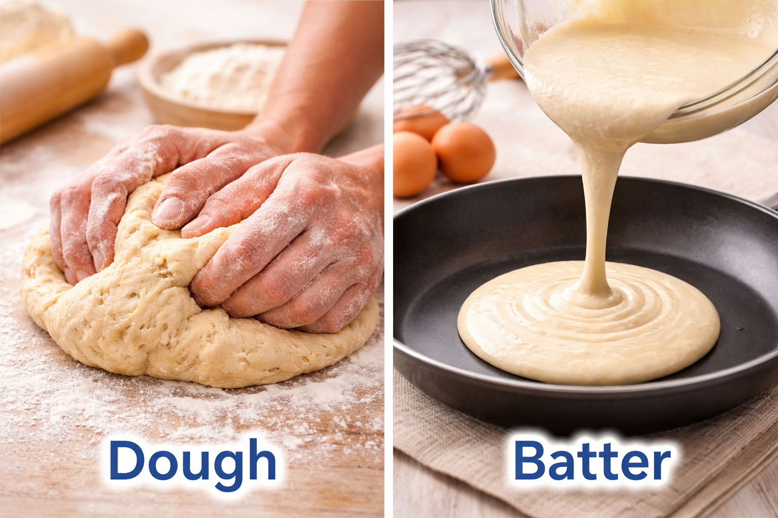 Comparison image showing dough and batter for flour mixtures