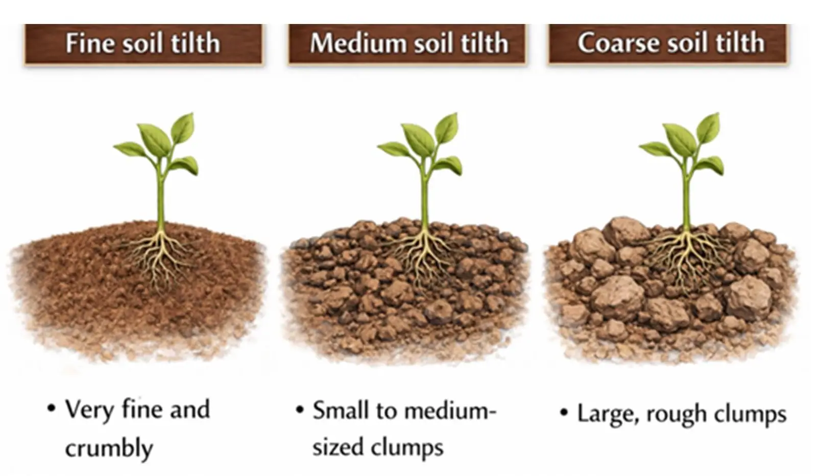 Different types of tilth showing soil conditions for planting