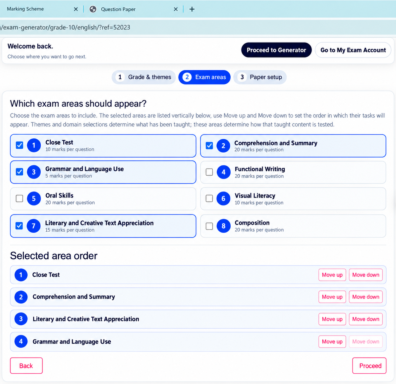 English examination area selection and ordering
