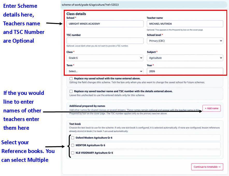 Scheme generator class details and textbook selection