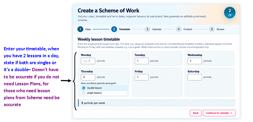 Weekly lesson timetable with single and double lesson options