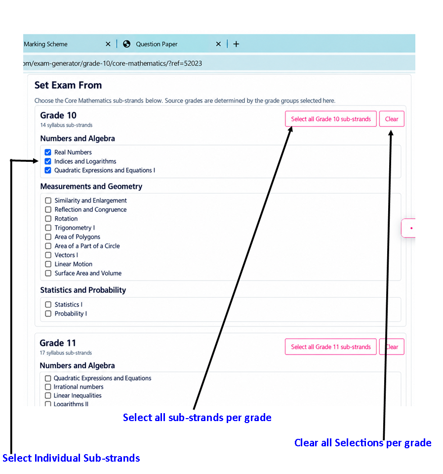 Selecting examination sub-strands