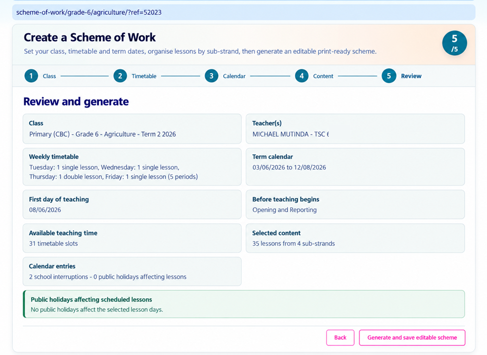 Review and generate the Scheme of Work