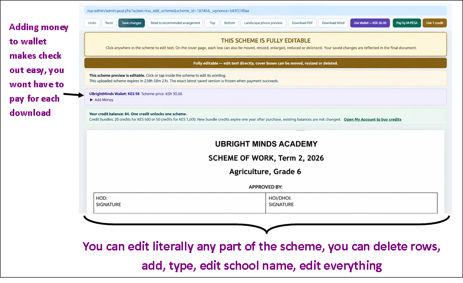 Editable scheme with payment and download options