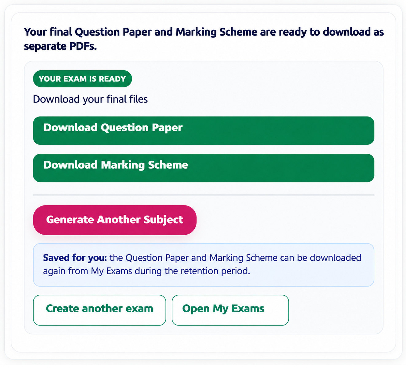 Completed examination download screen